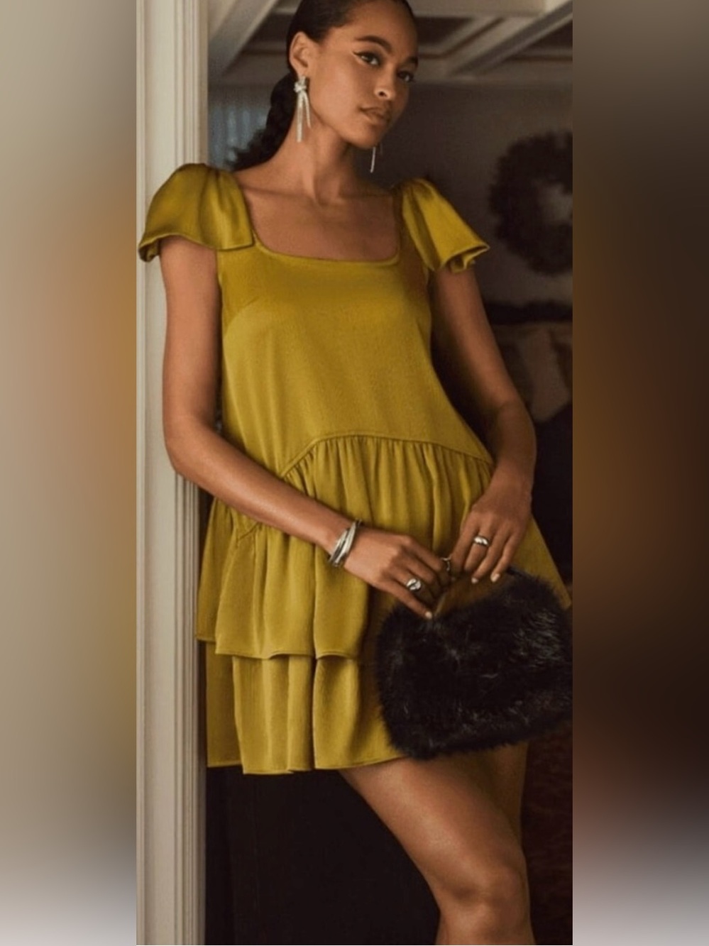 NWT Scoop Bow Shoulder Olive Green/ Yellow Mini Dress